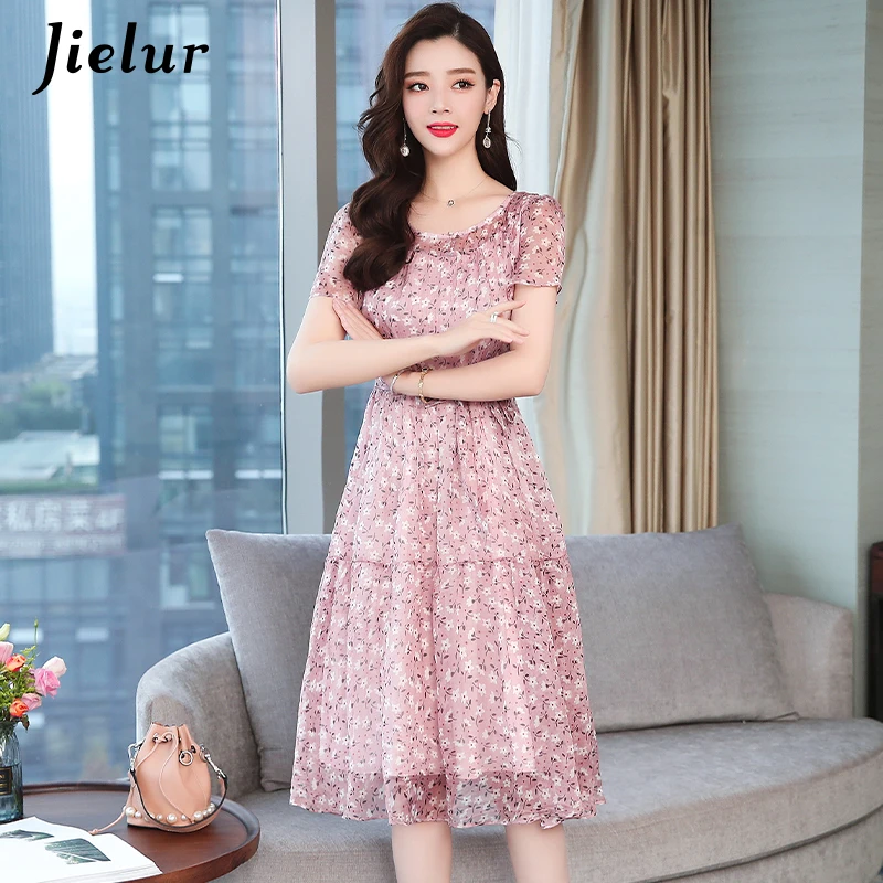 Jielur/женское платье, шифоновое, большое, свободное, летнее, Пляжное, вечерние, с цветочным принтом, с коротким рукавом, платье для девушек, милое, повседневное, модное, Vestidos