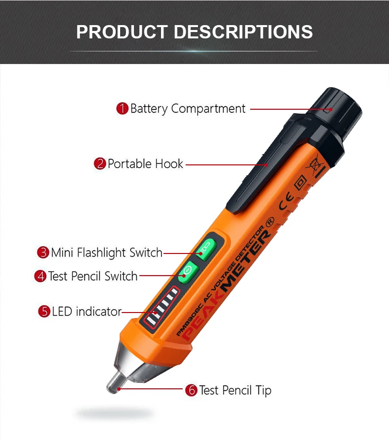 PEAKMETER PM8908C Бесконтактный детектор напряжения переменного тока тестер 12 V-1000 V Ручка стиль детектор напряжения