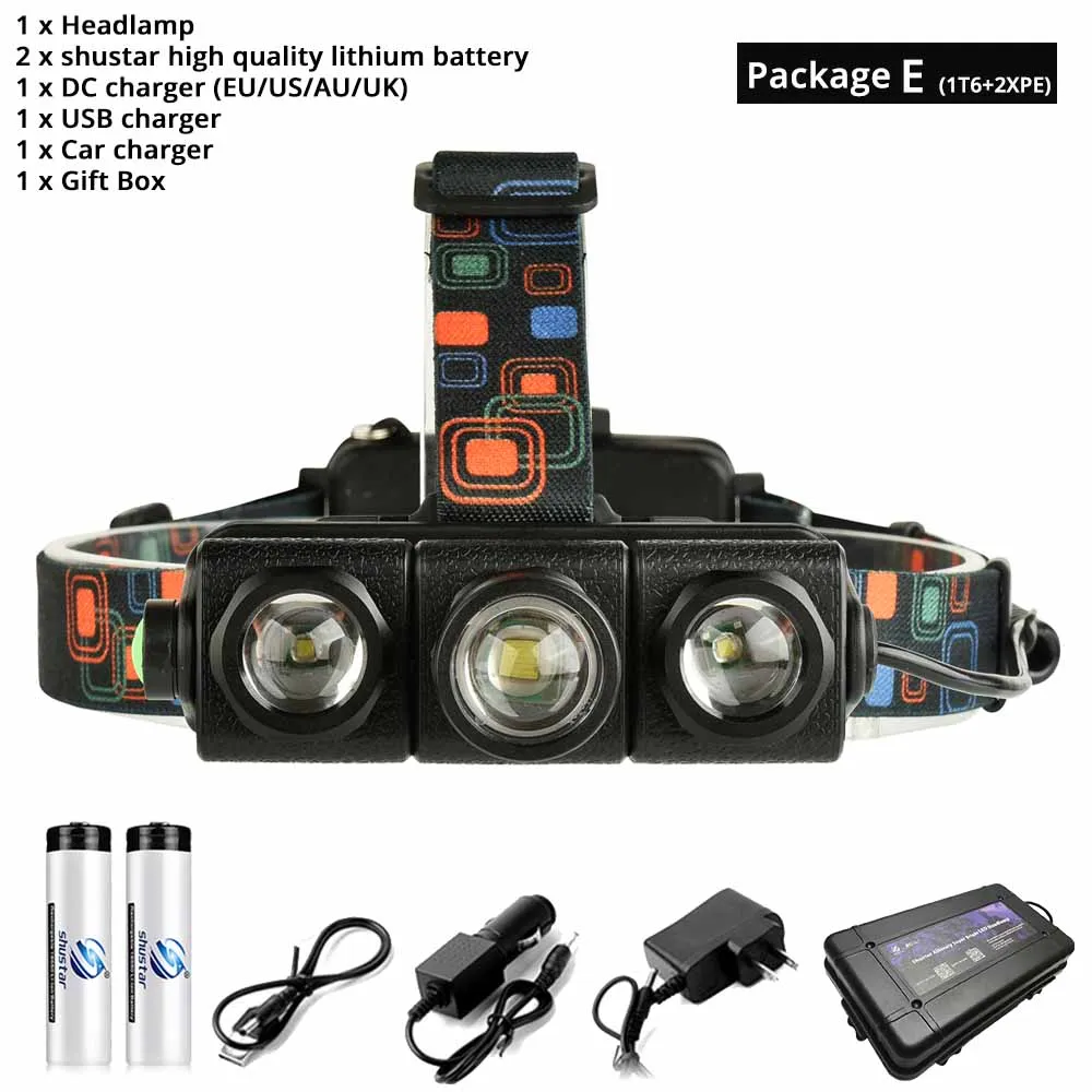 Package E-1T6 2XPE Многофункциональный светодиодный налобный фонарь, телескопический зум, светодиодный налобный фонарь 1T6+ 2XPE светодиодный фонарь, используемый для рыбалки, приключений, охоты 18650 - Испускаемый цвет: Package E-1T6 2XPE
