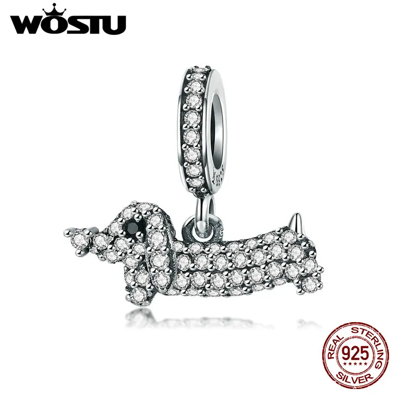 WOSTU 925 пробы серебряная собака Поппи такса круглый CZ камень ослепительные сверкающие бусины для леди бренд очаровательный браслет CQC709