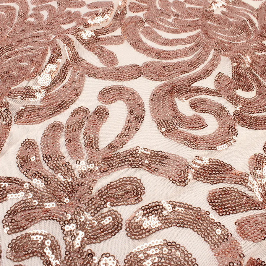 Блестящая эластичная кружевная ткань цвета розового золота с блестками и