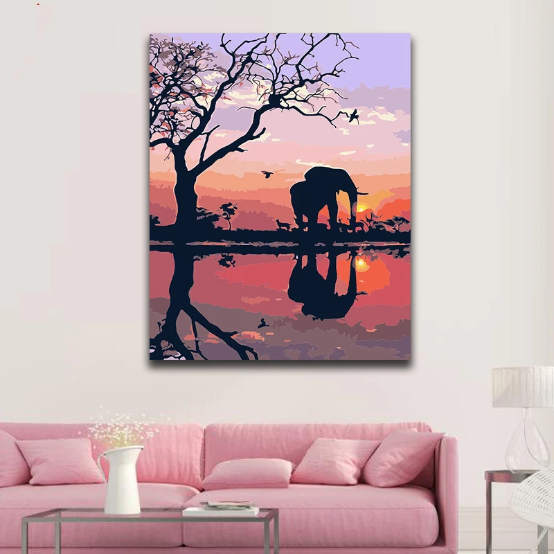 

DIY Coloring paint by numbers Elephant in the sunset paintings by numbers with kits 40x50 framed