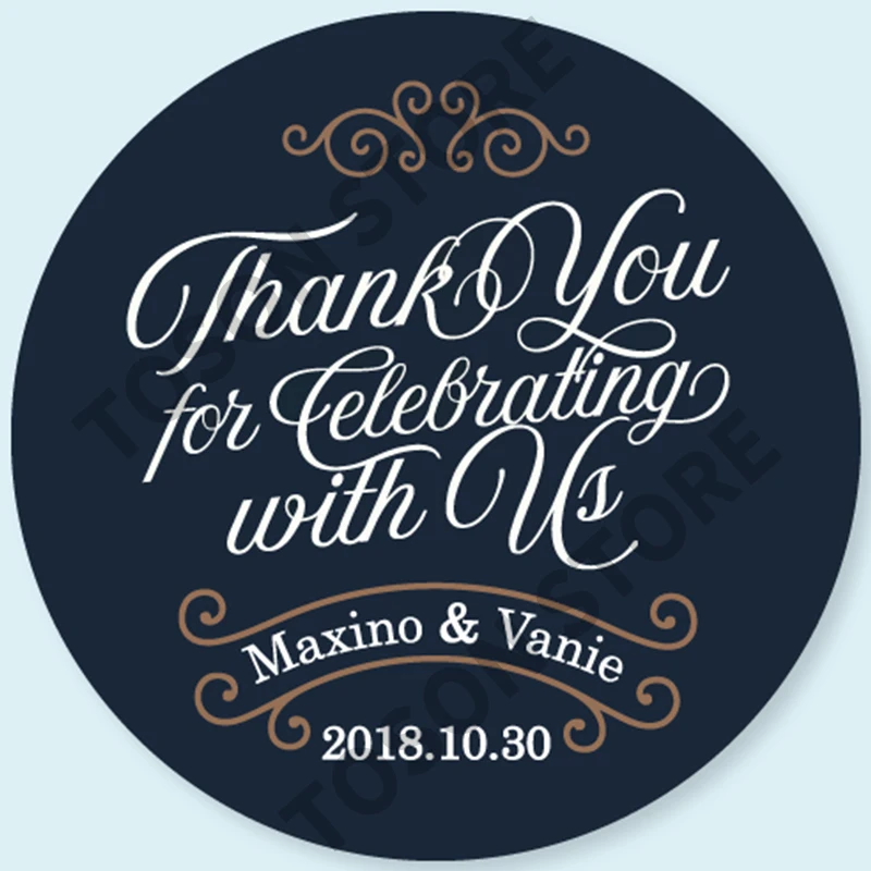 100, Silver laser Customized text logo, Wedding Stickers, Invitations Seals, Candy Favors Gift Boxes Labels, On White Adhesive