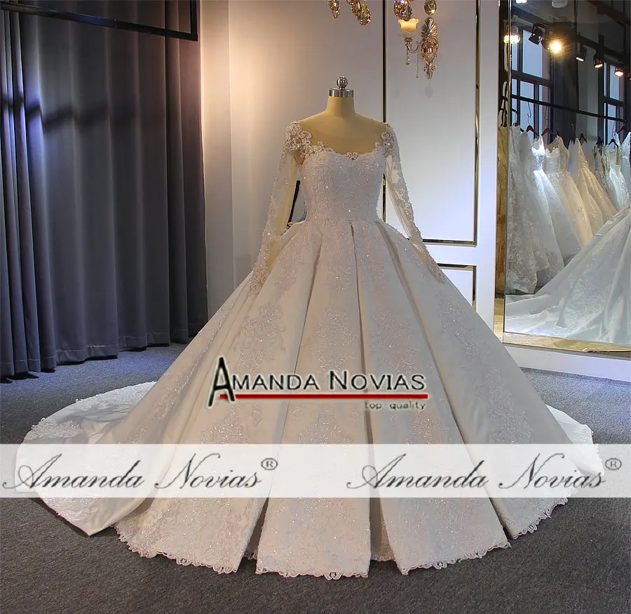 Robe de soiree из атласа с длинным рукавом свадебное платье с кружевными рукавами настоящая работа
