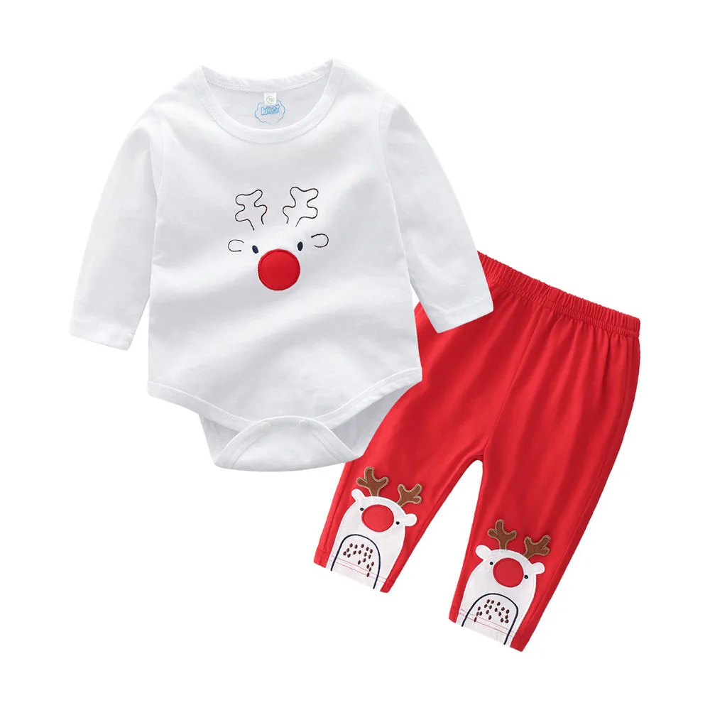 Infant Baby Clothes Set Boys Girls Cartoon Christmas XMAS Deer Romper Long Sleeve Tops+Pants 2Pcs Toddler Kids Clothing Sets