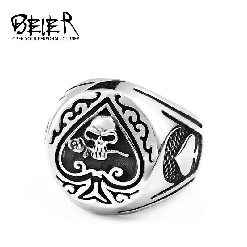 BR8-603 BEIER drop shipping skull bite rose poker design ring stainless steel Gothic personality men Punk rock jewelry Gift BR8-603 - Цвет основного камня: BR8-603