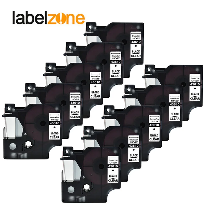 

10Pack 43610 1/4"(6mm) x 23'(7m) black on clear compatible Dymo D1 PNP 6mm label printers D1 43610 for dymo label manager LM160