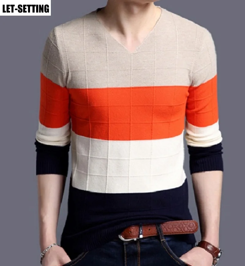 new fashion autumn winter Korean men casual patchwork v-neck knit bottoming slim fit shirt pullover warm wool cotton sweater | Мужская