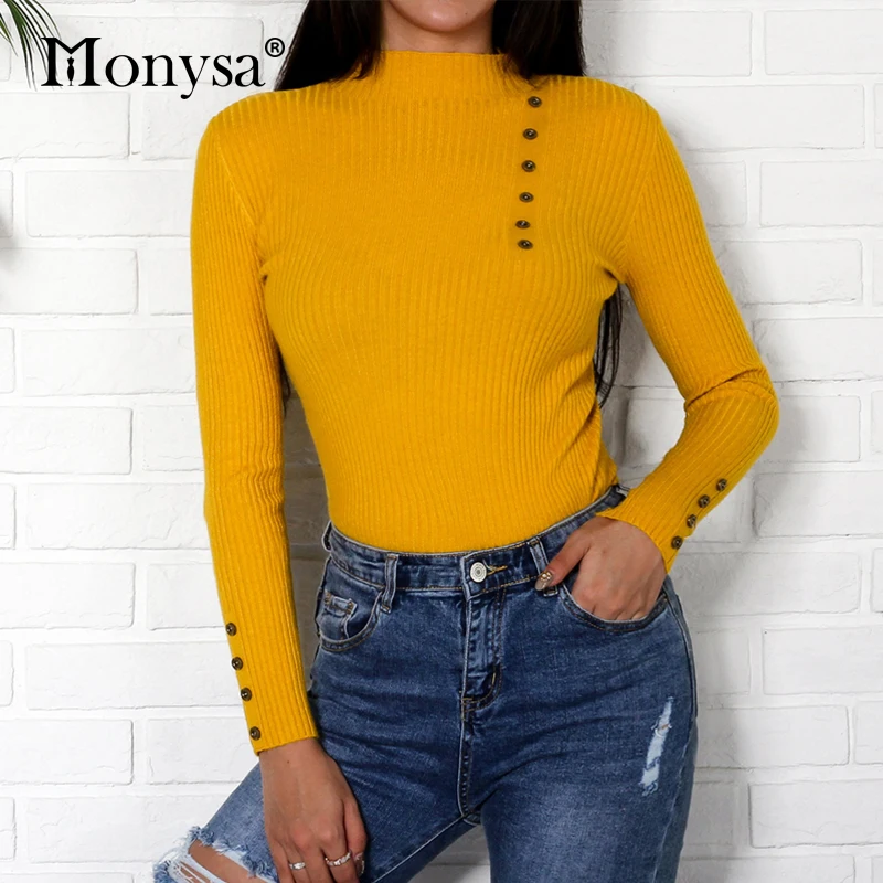 Turtleneck Sweater Women Pullover 2018 New Fashion Button Long Sleeve Jumpers Autumn Casual Basic Kintwear Black White Red | Женская