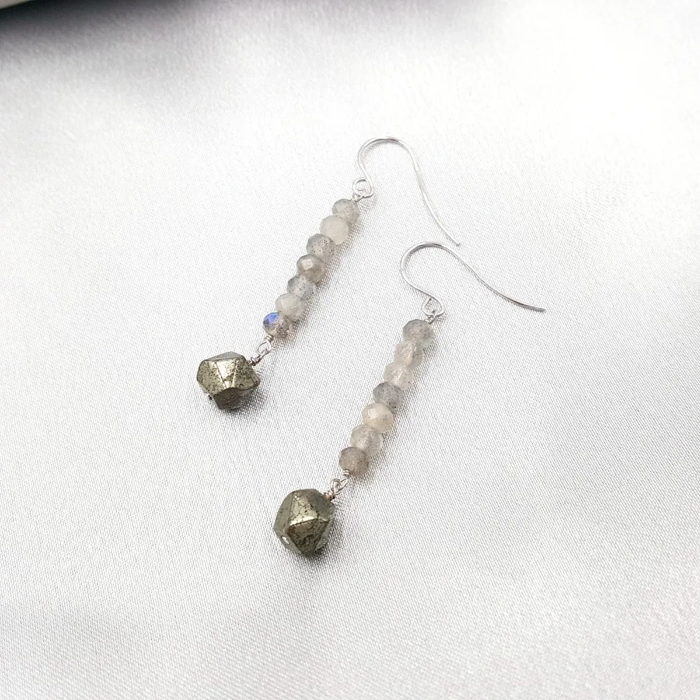 Lii Ji Natural Labradorite Faceted Beads Pyrite 925 Sterling Silver 18K Plated Drop Earrings | Украшения и аксессуары