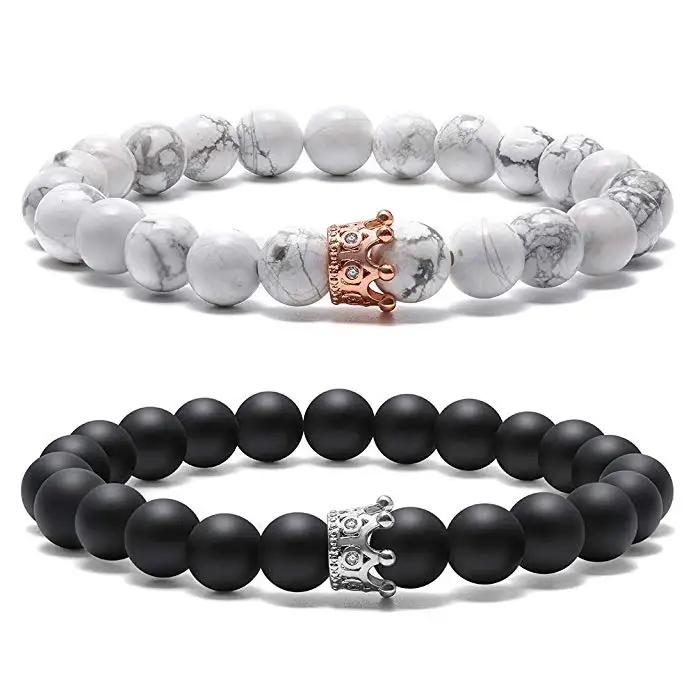 HIYONG король и королева Корона расстояние Пара Браслеты матовые Агаты Белый Howlite CZ Корона 8 мм бусины браслет натуральный камень ювелирные изделия