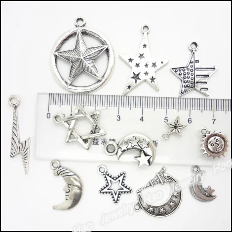 Смешанный 120 шт Винтажный серебряный цинковый сплав Звезды Луна солнце Подвески