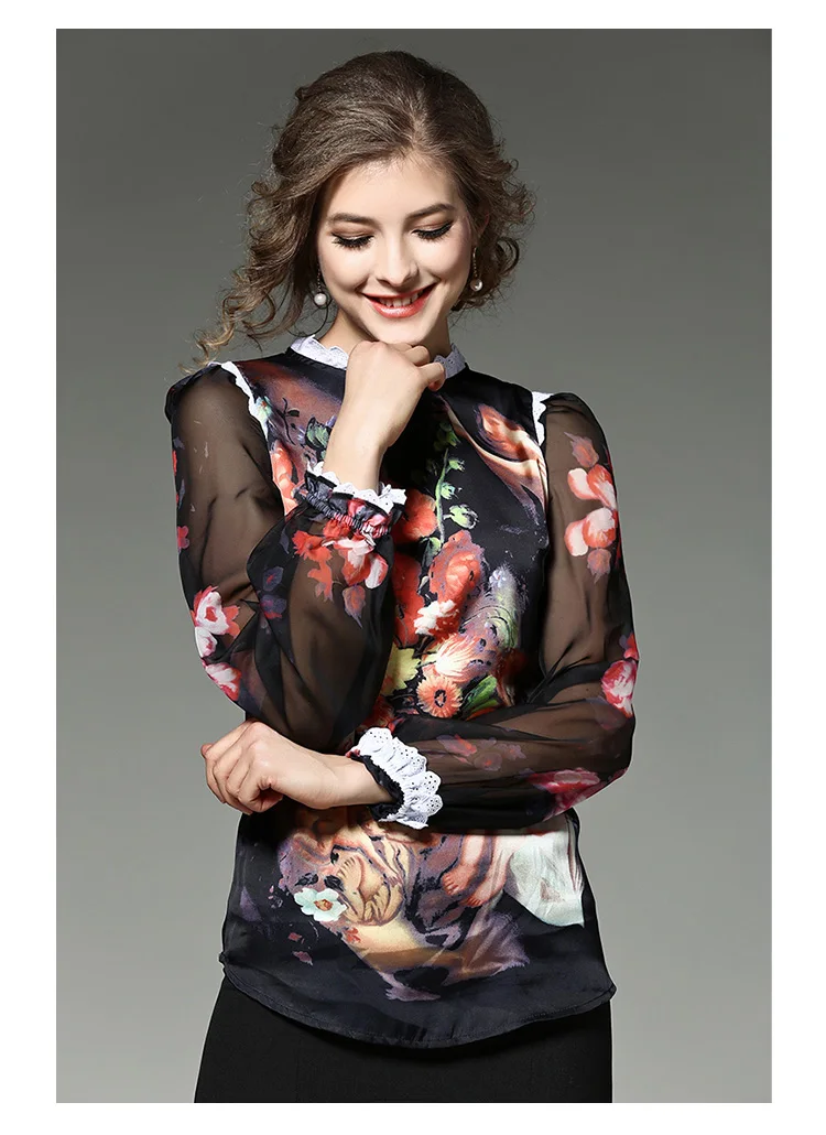 S-XL Women 2018 Summer Runway Blusas Feminina Angel Fashion Blouse Shirt Long Sleeve Silk Printing Painting Sexy Plus Size Top |