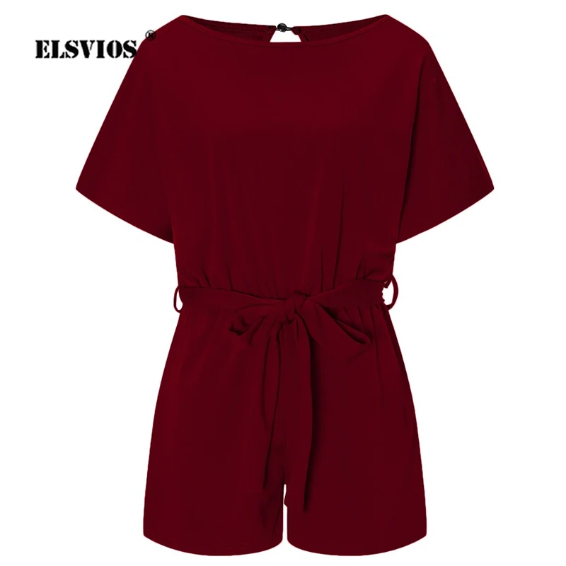 ELSVIOS Casual Playsuit Summer O-neck Short Sleeve Office Lady Romper Fashion Women Sashes Elegant Overalls Solid Beach Jumpsuit | Женская