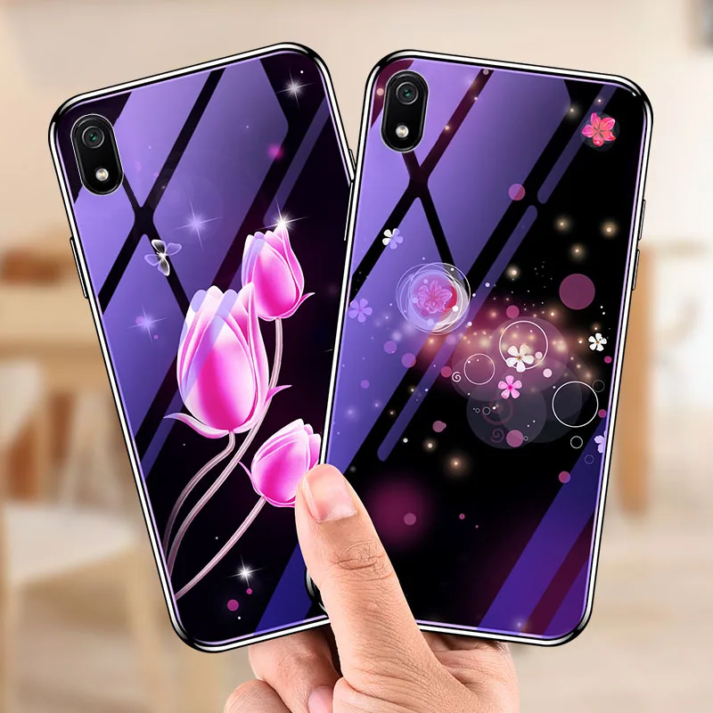 Luminous Cases For Xiaomi Redmi 7A 7 Note Mi 9 8 Lite Tempered Glass PC 2 in 1 Backet Cover Soft Silicone Thin Shell Coque |