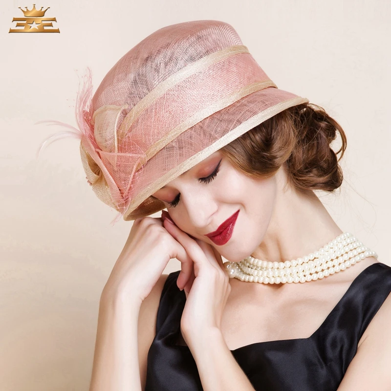 Lady Fashion Hat Women Elgant England Fedoras Linen Cap Ladies Spring Organza Sinamay Bucket Flower Fedora B-8146 | Аксессуары для