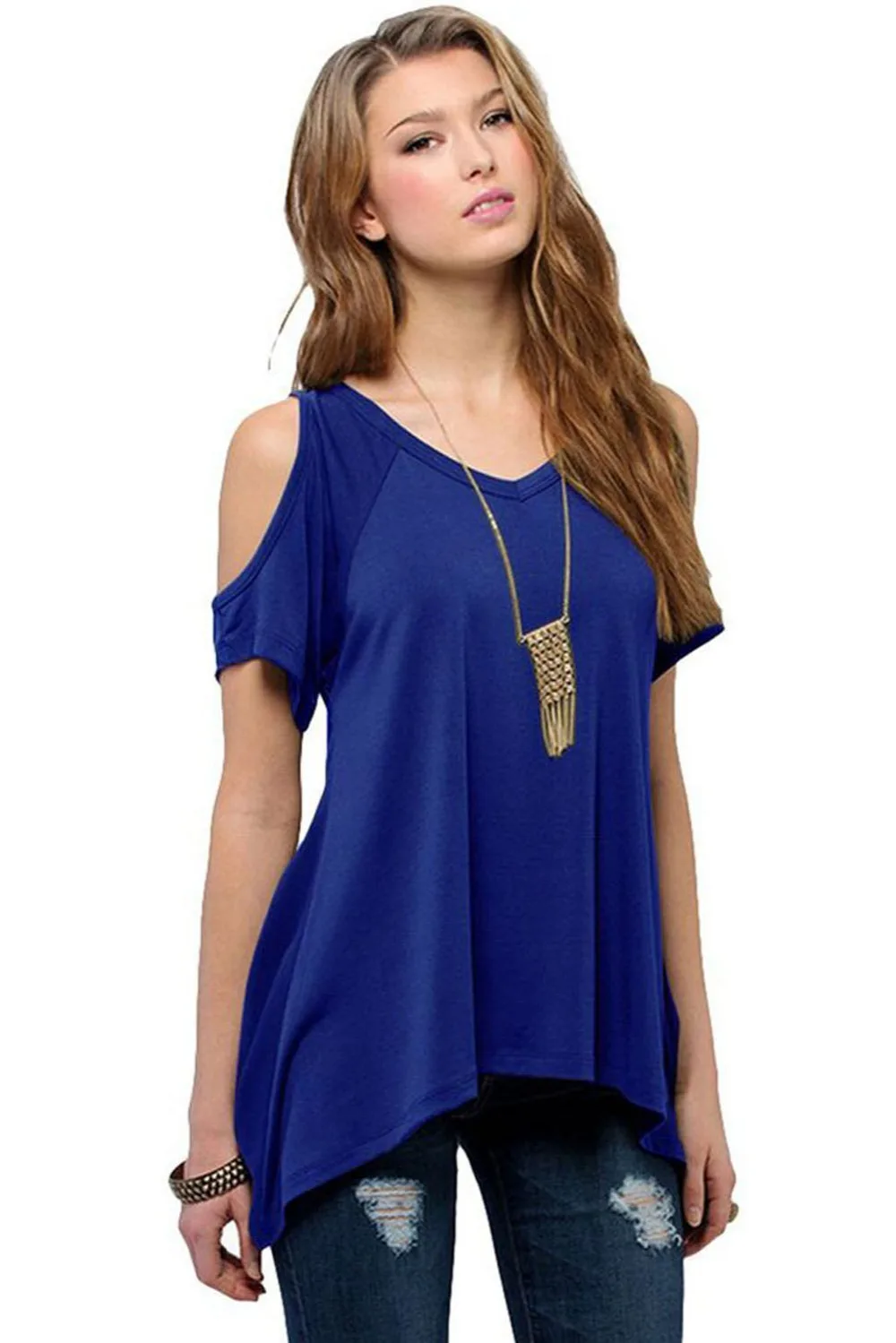 

Black V Neck Cold Shoulder Swing Top