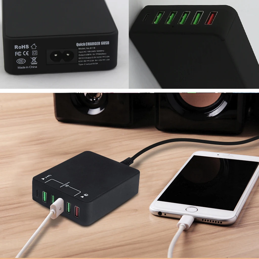 6-Порты и разъёмы 60 Вт Тип-C зарядка через usb станции, настенный адаптер быстрозарядная станция с док-станция Qualcomm Quick Charge 3,0 и Тип C