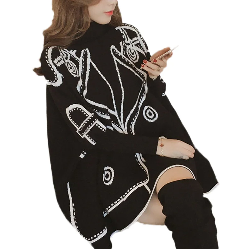 2019 Spring New Women Knitted Pullover Korean Loose High Collar Cloak Knitwear Mid-Long Autumn Winter Bat Sweater Female Vs534 | Женская