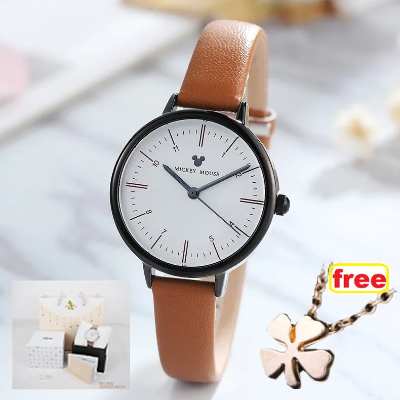 BROWN-BOX GIFT Disney часы женские новые модные простые кожаные женские часы девушка часы белый черный Микки Маус кварцевые наручные часы Montre Femme - Цвет: BROWN-BOX GIFT