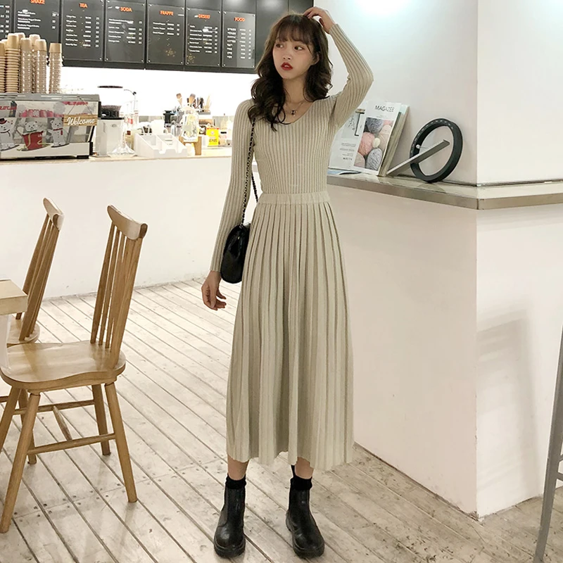 

Fashion Temperament Spring Women's New Dress Korean Fashion Slim Knitted V-Neck Dress Female