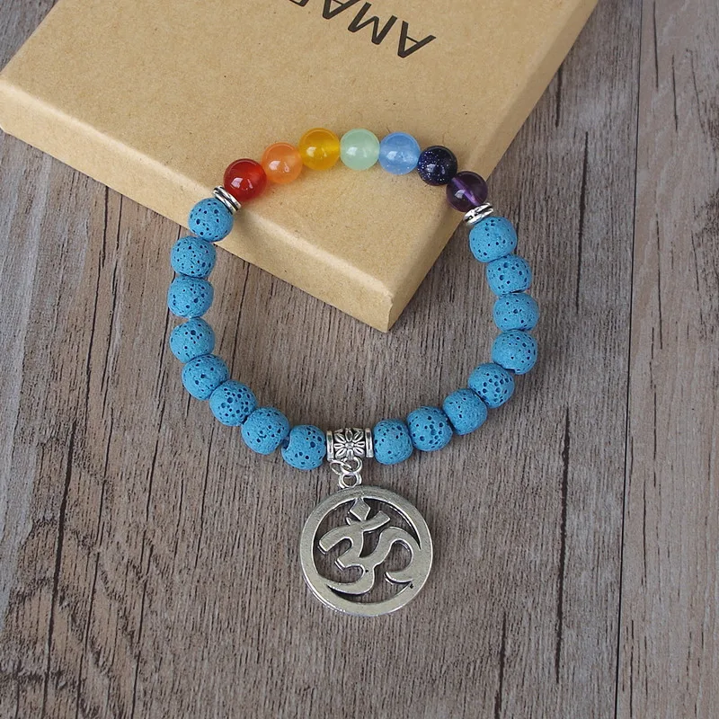 Seven Chakra браслет голубая Лава Рок Исцеление йогой рейки моли Ом мала Шарм 7 Чакра