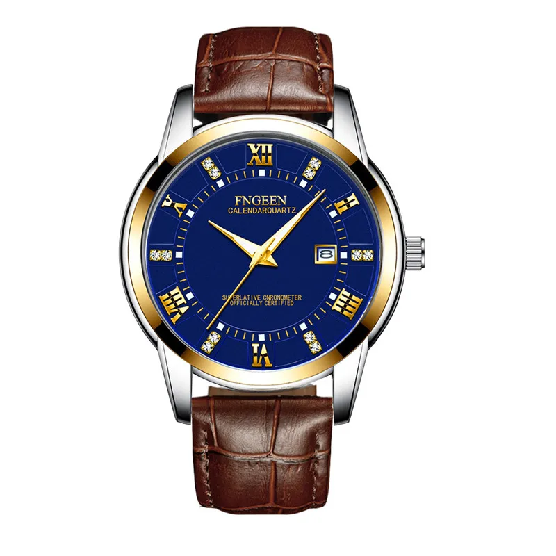 leather gold blue Мужские модные бизнес часы Топ бренд класса люкс кристалл полностью стальные часы водонепроницаемые повседневные Дата кварцевые наручные часы Relogio Masculino - Цвет: leather gold blue