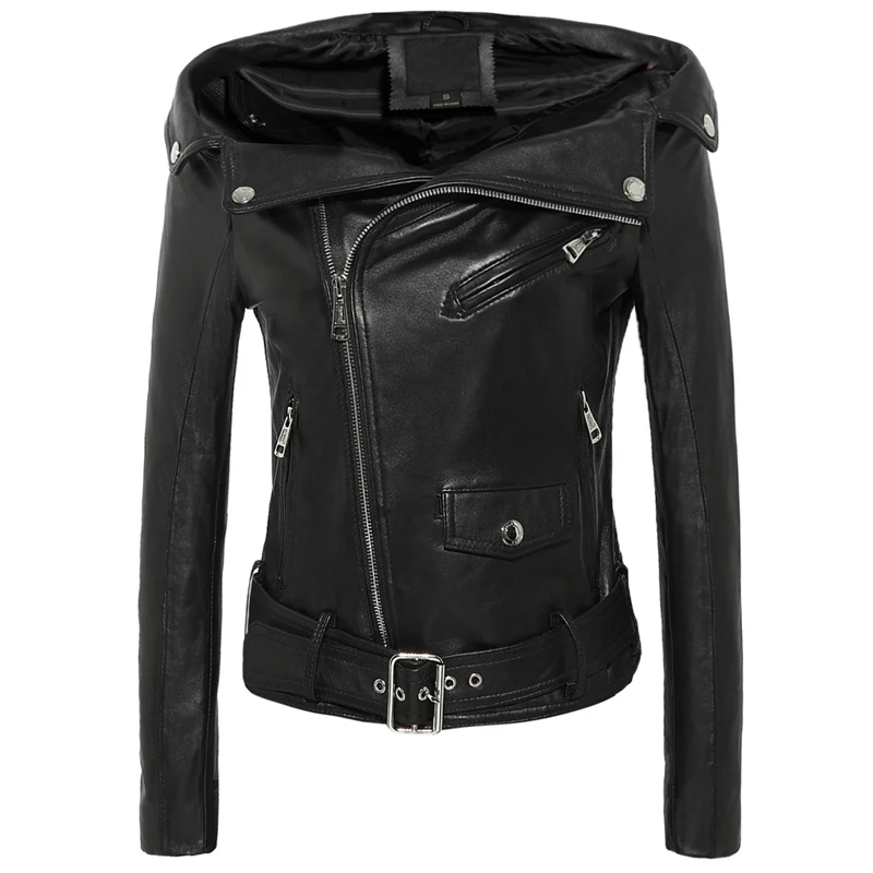 2019 Women Sexy Off Shoulder Short 100% Sheepskin Genuine Leather Jackets Slim Motorcycle Real Leather Jacket Coats Streetwear