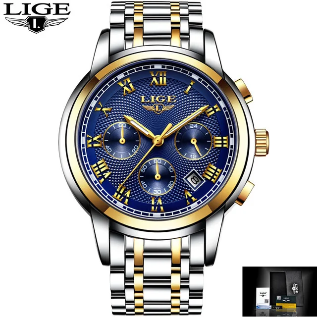 Gold blue S Для мужчин s часы лучший бренд класса люкс LIGE бизнес нержавеющая сталь Водонепроницаемый Кварцевые часы для мужчин Дата Спорт хронограф Relogio Masculino - Цвет: Gold blue S