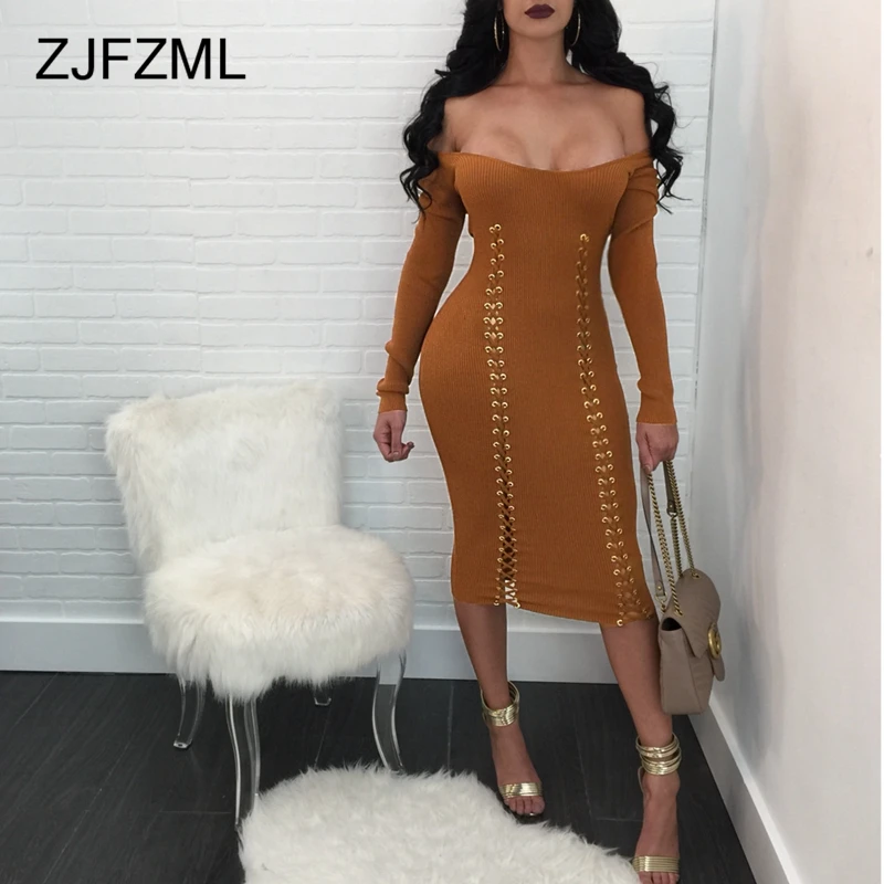 ZJFZML Women Sweater Dress Sexy Off Shoulder Midi Bandage Winter Kintted Full Sleeve Lace Up Slim Causal Club Vestidos | Женская одежда