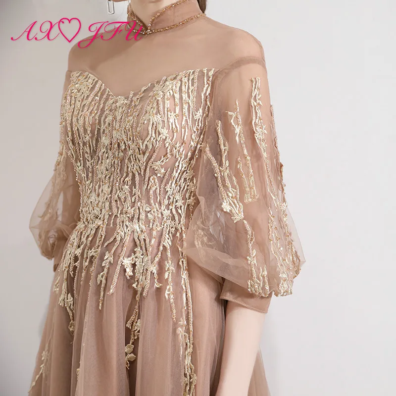 

AXJFU Princess AMBER GOLD lace beading flower evening dress luxury halter a line half sleeve lace long evening dress