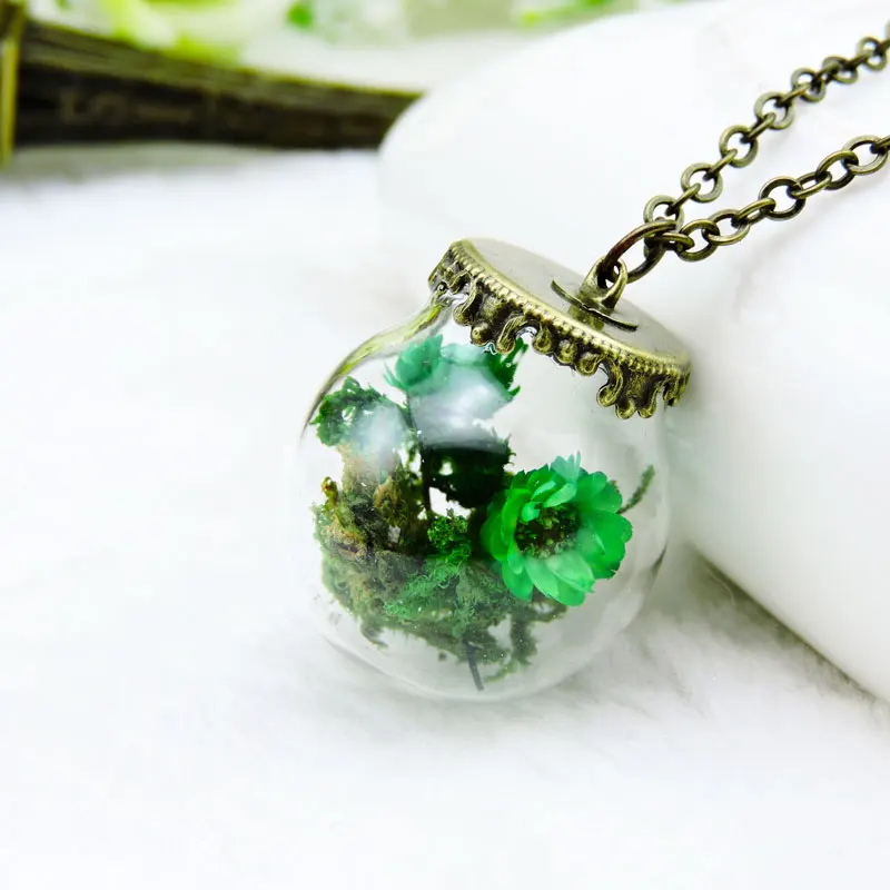 2016 винтажный стеклянный шар кулон с высушенным цветком ожерелье натуральный