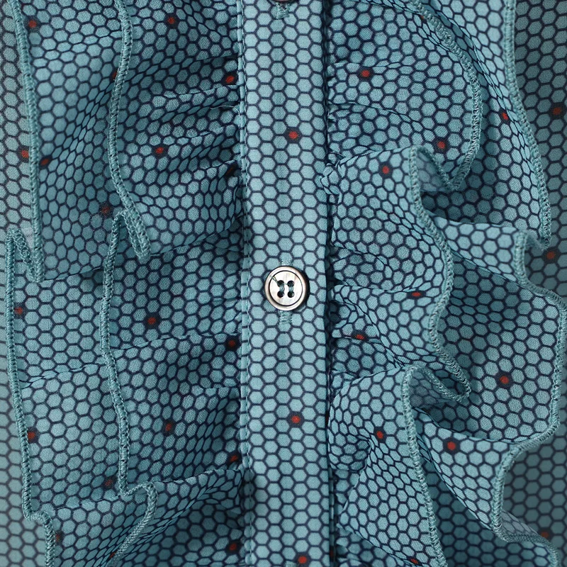 Синий горошек печати шифон женская блузка Топы галстук бабочка воротник стойка с