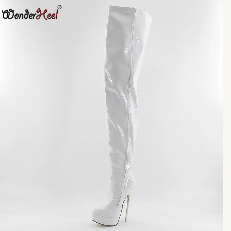 Wonderheel/Новые сапоги до бедра на очень высоком каблуке-шпильке 18 см; пикантные сапоги до бедра на металлическом каблуке; модные лакированные сапоги до промежности на платформе