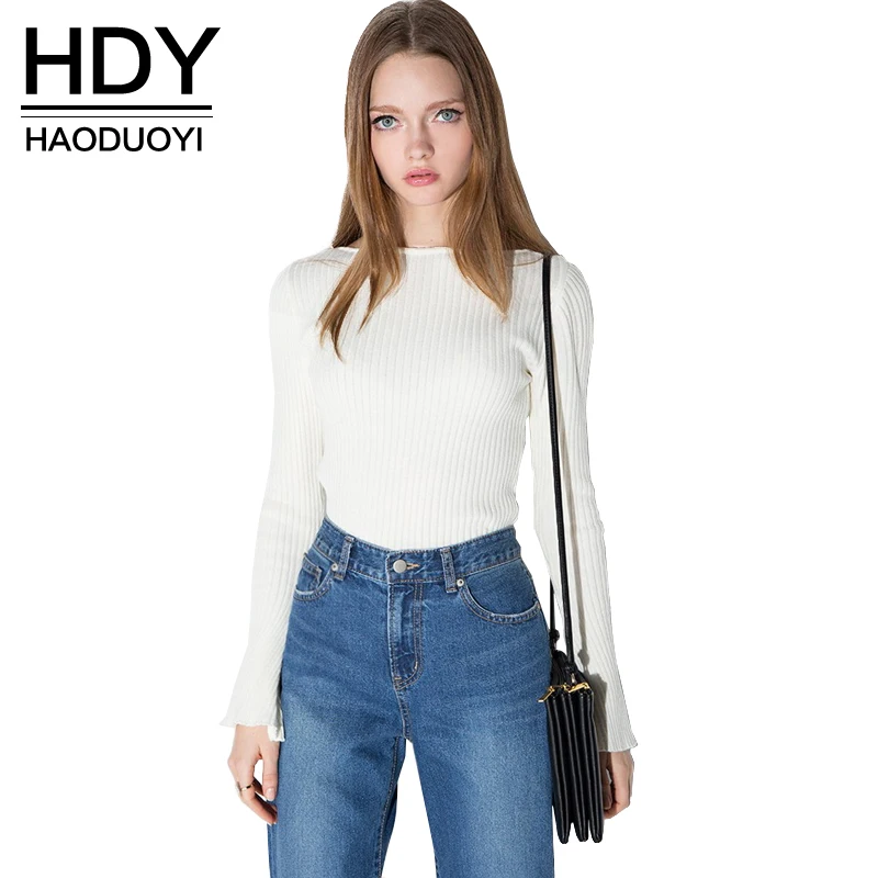 HDY Haoduoyi 2017 Spring Fashion Basic Tops Women Flare Sleeve Female Pullover Sweet Solid Knitted Casual Ladies T shirt|ladies t-shirt|fashion