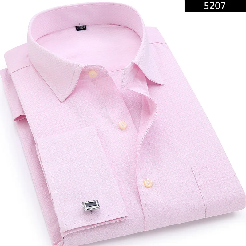 Men's Long Sleeve Casual Male Shirts French Cuff Dress 4XL Men Cufflinks Shirt 2019 New Pink Jacquard Fabric | Мужская одежда