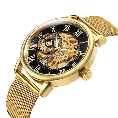 Gold Black ORKINA Мужские часы механические ручной Ветер Роскошные Топ брендовые наручные часы Скелет Браслет из нержавеющей стали сетчатый ремешок мужские часы - Цвет: Gold Black