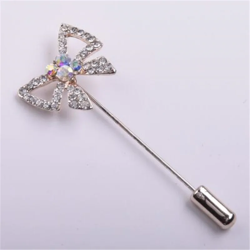 WKOUD горный хрусталь Бант длинная игла Брошь для женщин мужчин бутоньерка костюма