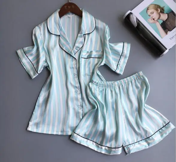 blue Fdfklak Модные полосатые летние пижамы женские с коротким рукавом пижамный комплект Дамская одежда для сна Домашняя одежда шелковые пижамы костюм - Цвет: blue