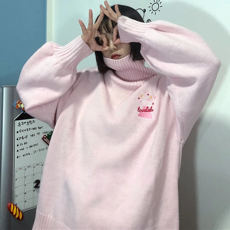 New Autumn Sweater Cotton Women 2019 Fashion High Collar Pink Loose Harajuku Cartoon Embroidered Female #6071 | Женская одежда