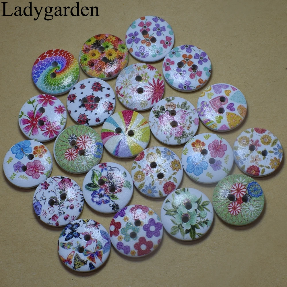 15mm 2 Eyes Printed Wood Colorful Round Wooden Buttons for Hat Shoes Clothes Diy Accessories Mixed Color 50PCS/Bag | Дом и сад