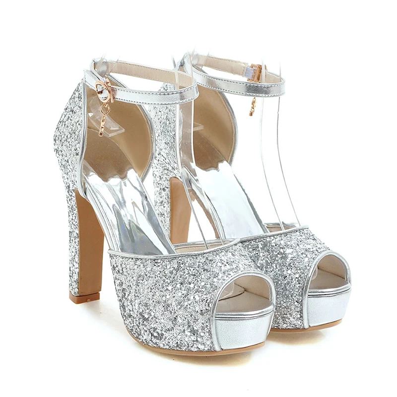 Женские босоножки на высоком каблуке WETKISS серебристые Блестящие Босоножки