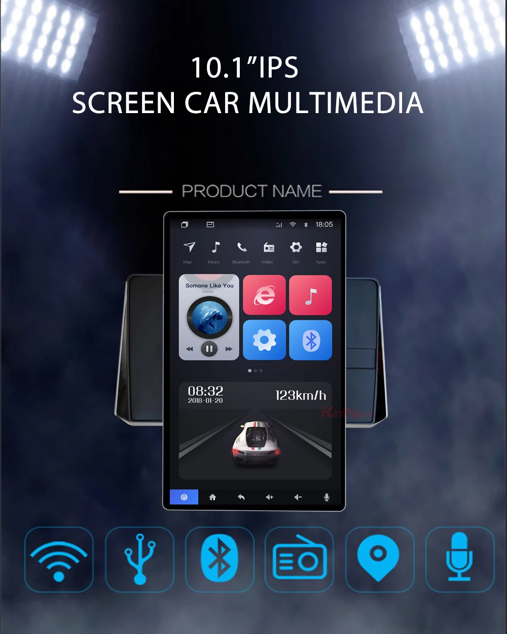 Kirinavi Universal Vertical Screen Tesla Style Radio Android 10.1" Video Rotating Flexible Screen Facing Panel Car Dvd Player
