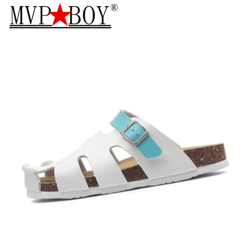 

MVP BOY New Summer Men Beach Cork Slippers Casual Buckle Clogs Slides Man Slip on Flip Flop Shoe Plus Size 35-45 Black White Red