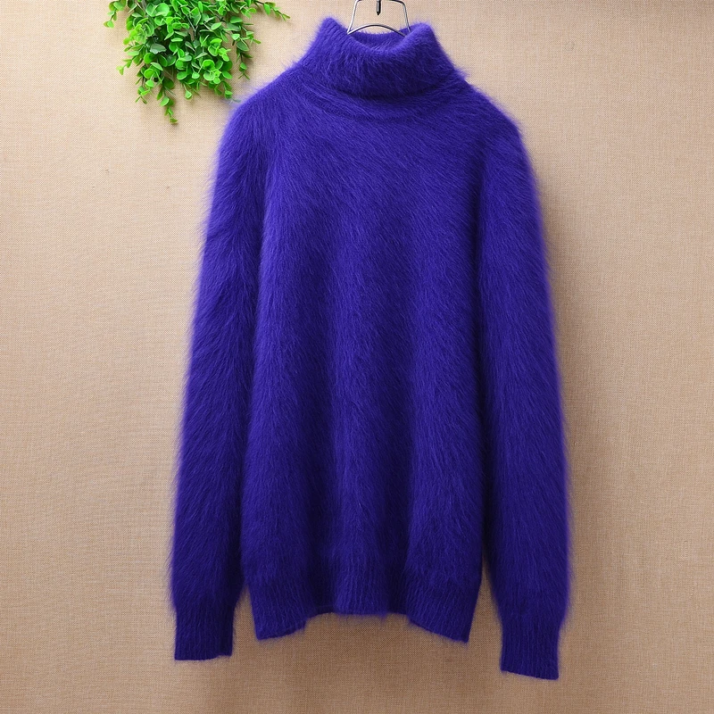 Elegant ladies women winter slim fluffy turtleneck angora knitting wool rabbit fur loose pullover mink cashmere sweater coat | Женская