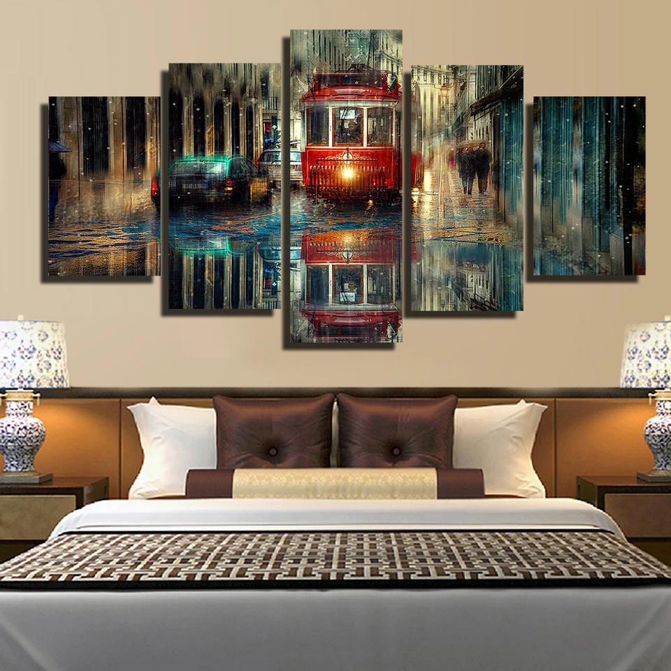 Картина маслом на холсте с изображением дождя и улицы 5 панелей - купить по