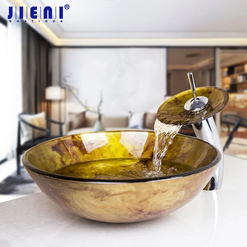 

JIENI Yellow Glassic Glass Round Bathroom Art Washbasin Tempered Glass Vessel Sink W/ Waterfall Chrome Mixer Faucet Set