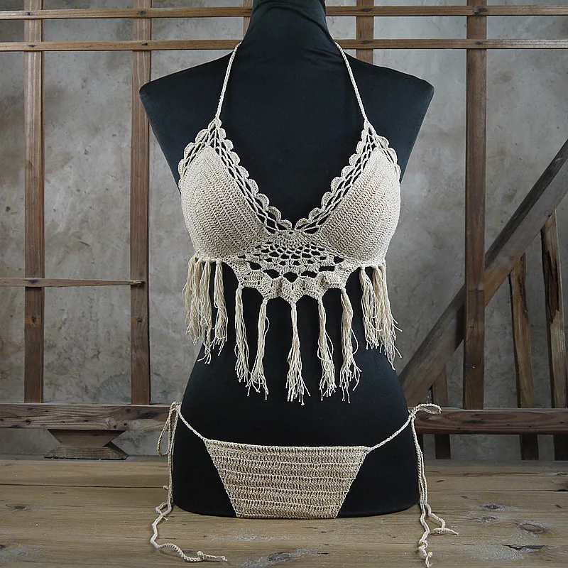 Черно-белое вязаное крючком бикини 2017 укороченный топ купальник для женщин