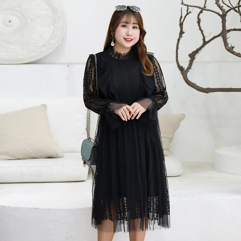 Корейский Стиль милое кружевное платье трапециевидной формы с длинными рукавами