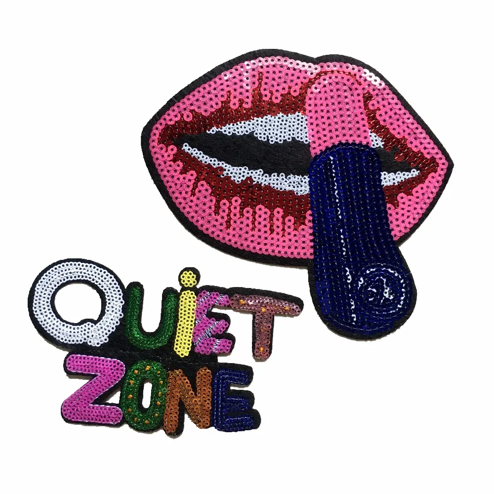

2020 New Sequins Lips QUiET ZONE Letter Patch for Clothing Iron on Sequined Patch DIY Accessories Coat Bags Decoration Applique